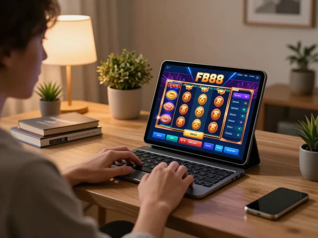 Engaging with FB88 casino app on a stylish tablet in a cozy home office setting