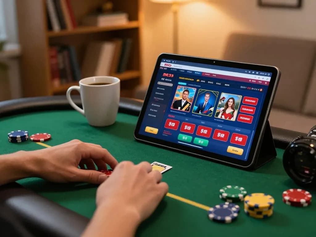 Player strategizing using the BK33 online gaming app in a cozy home setting.