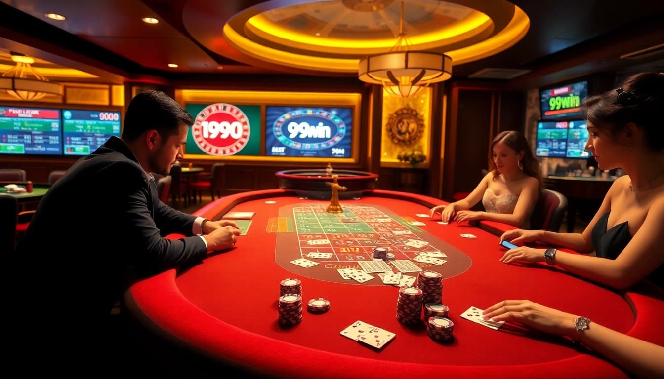 Players enjoying a thrilling game at 99win casino with luxurious ambiance and poker chips.