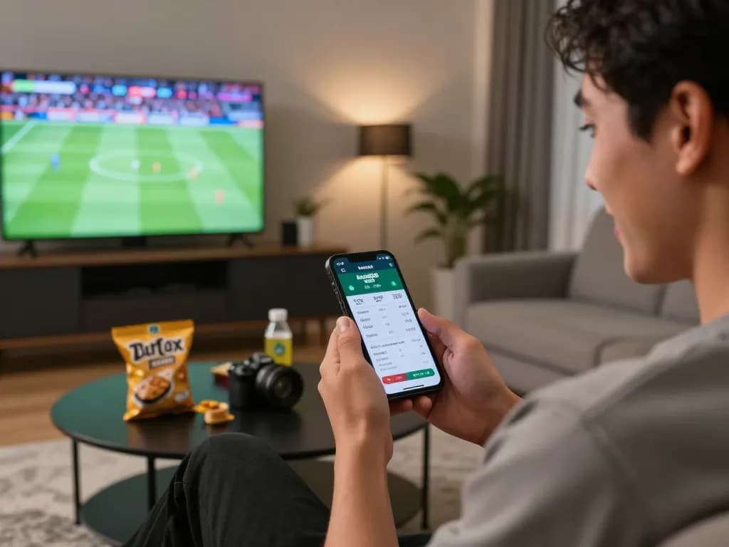 Bong88 user actively placing a sports bet on their smartphone in a modern home setting, enjoying the thrill of online gaming.