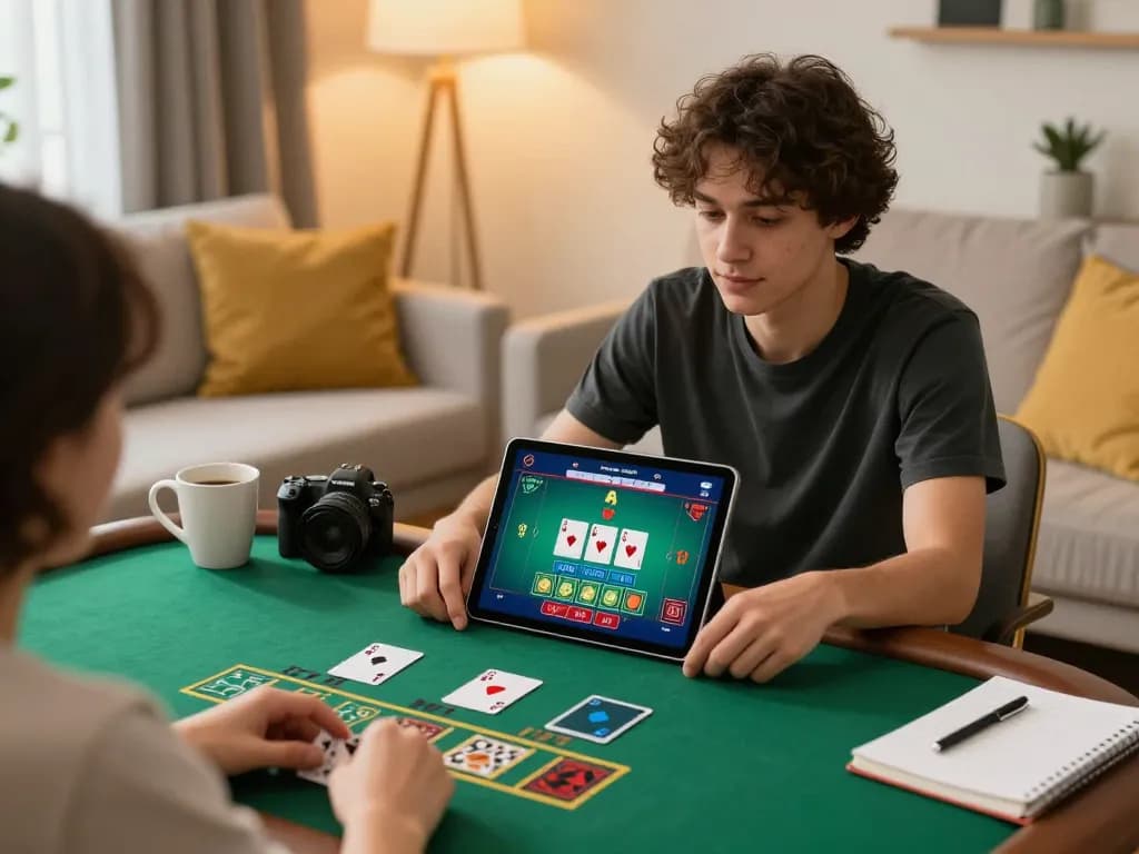 Player strategizing in live dealer blackjack at home using 92slot interface, showcasing online gaming.