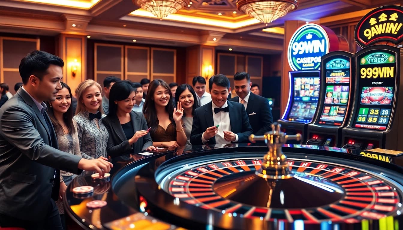 Experience the thrilling ambiance of 99WIN casino with players engaging at a roulette table and slot machines.