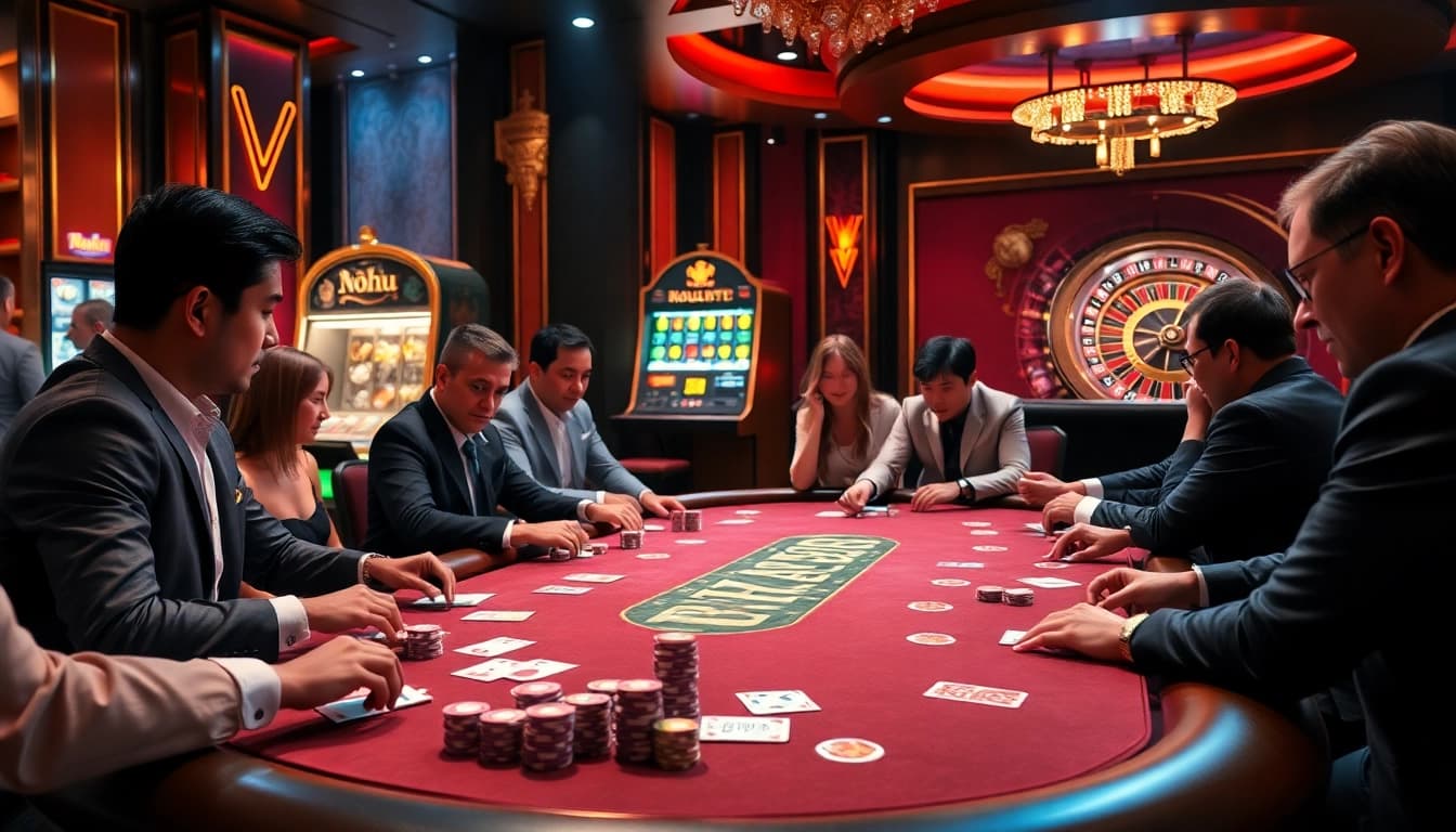 Players enjoying a thrilling poker game at a luxurious casino featuring nohu-inspired decor.