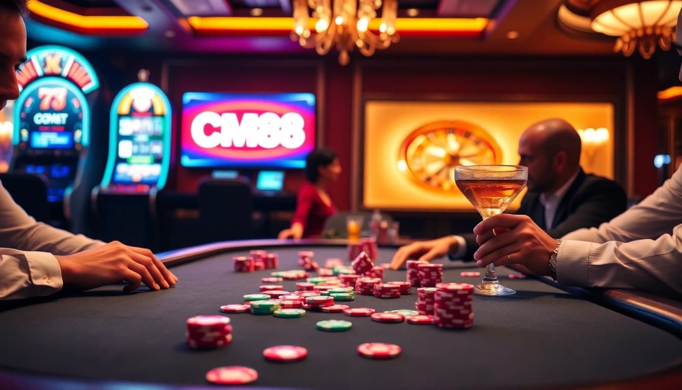Players enjoying poker at a vibrant casino, highlighting CM88 branding in the luxurious scene.