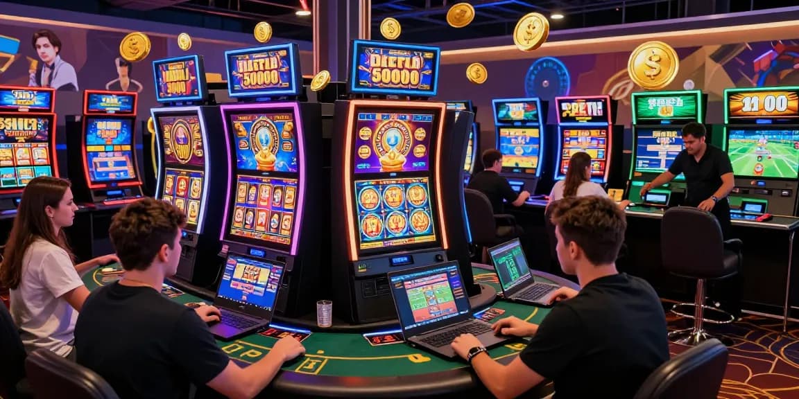 Exciting online gaming atmosphere featuring slot depo 5000 players engaged with vibrant digital casino games and jackpot notifications.