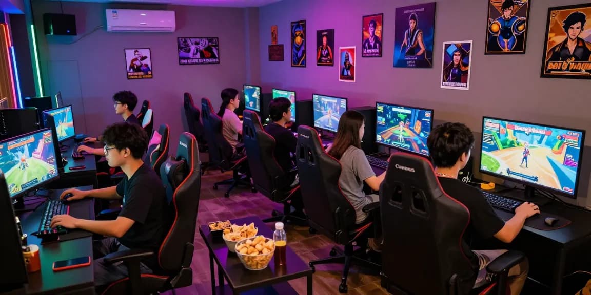 Friends enjoying game bai doi thuong in a vibrant gaming lounge atmosphere.