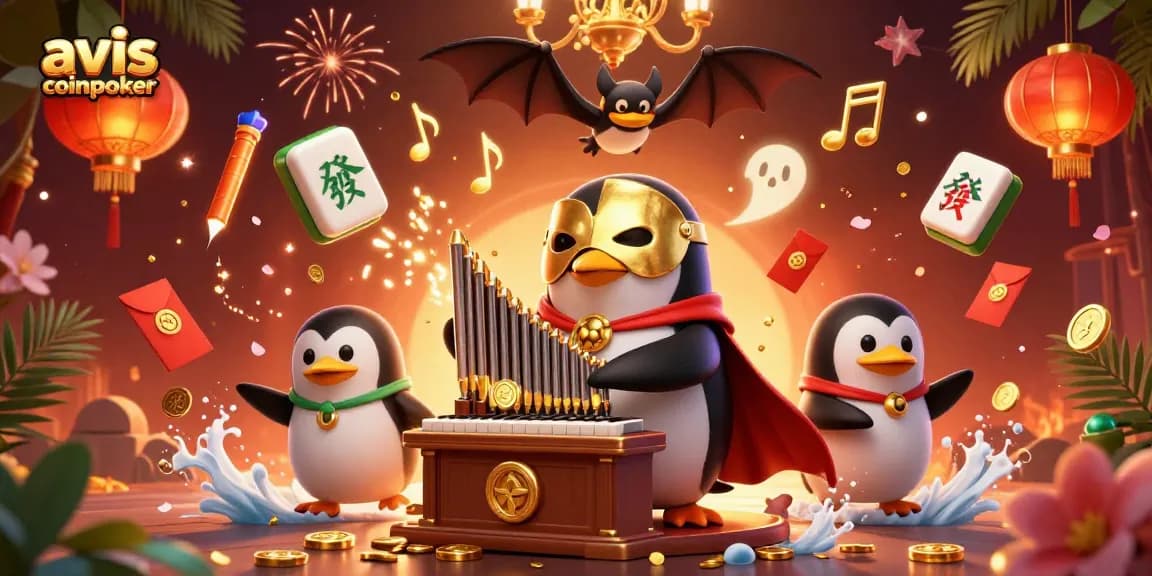 Plongez dans l'univers d'avis coinpoker avec un pingouin en costume jouant d'un orgue aux pièces dorées, entouré de lanternes scintillantes.