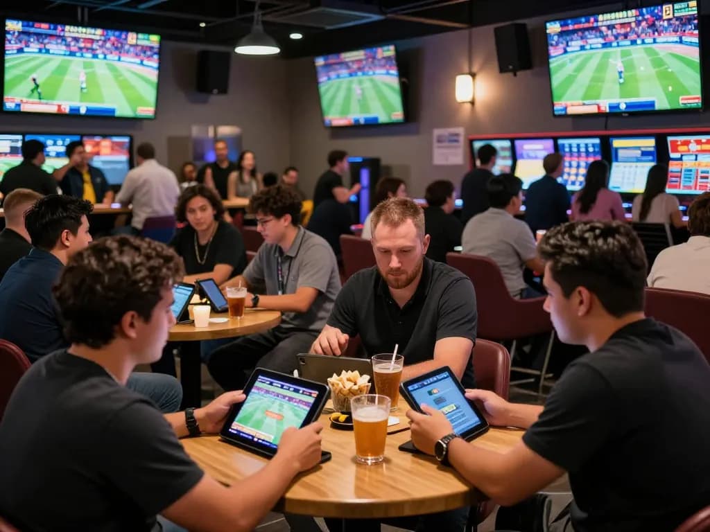 SboBet enthusiasts placing sports bets in a lively lounge environment with vibrant screens