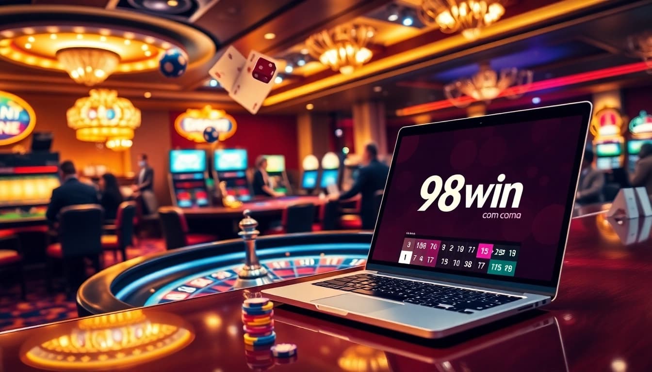 Experience the thrill of gaming at 98win com with vibrant casino visuals of roulette and poker.