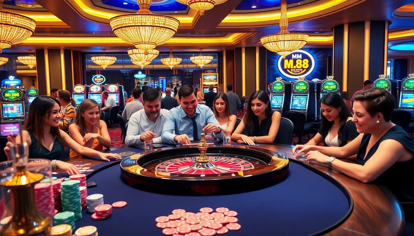 Players enjoying an upscale casino experience with MM 88 branding, featuring poker tables and vibrant slot machines.