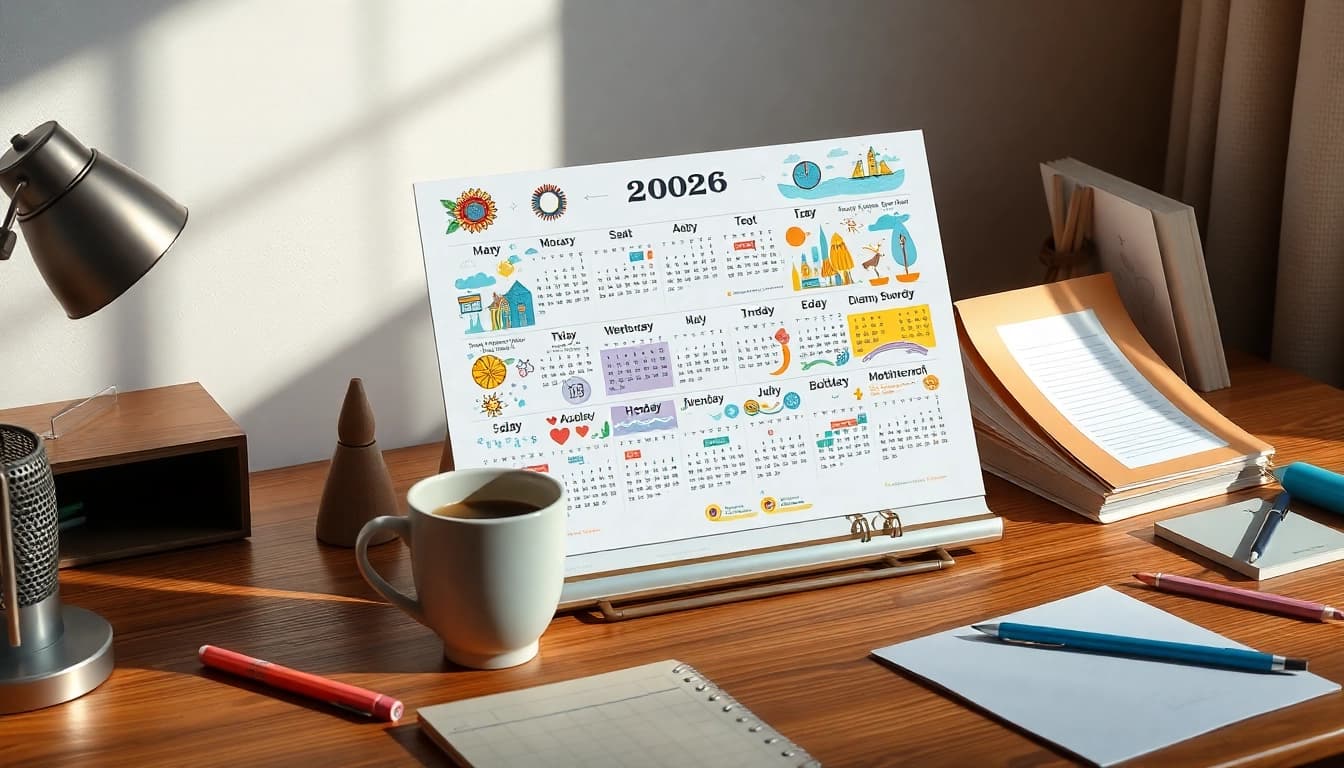 Explore a creative workspace with a free calendar 2026 showcasing colorful designs and vibrant stationery.