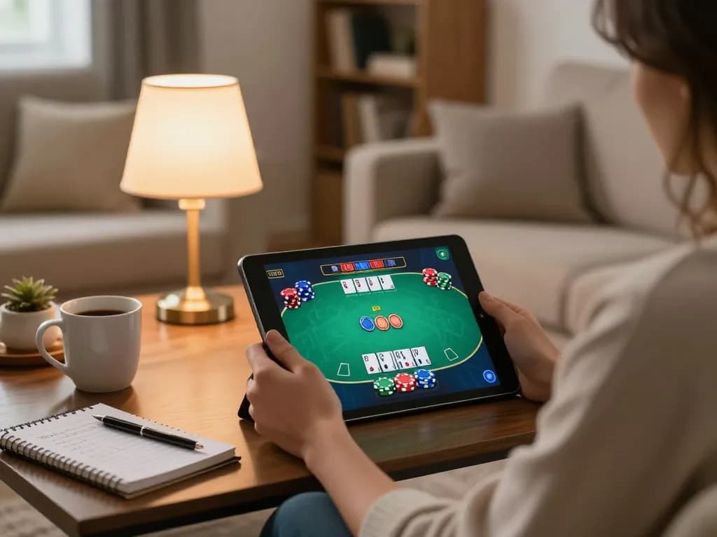 Player enjoying online poker on tablet with strategies laid out at home, showcasing Ok9 gaming experience.