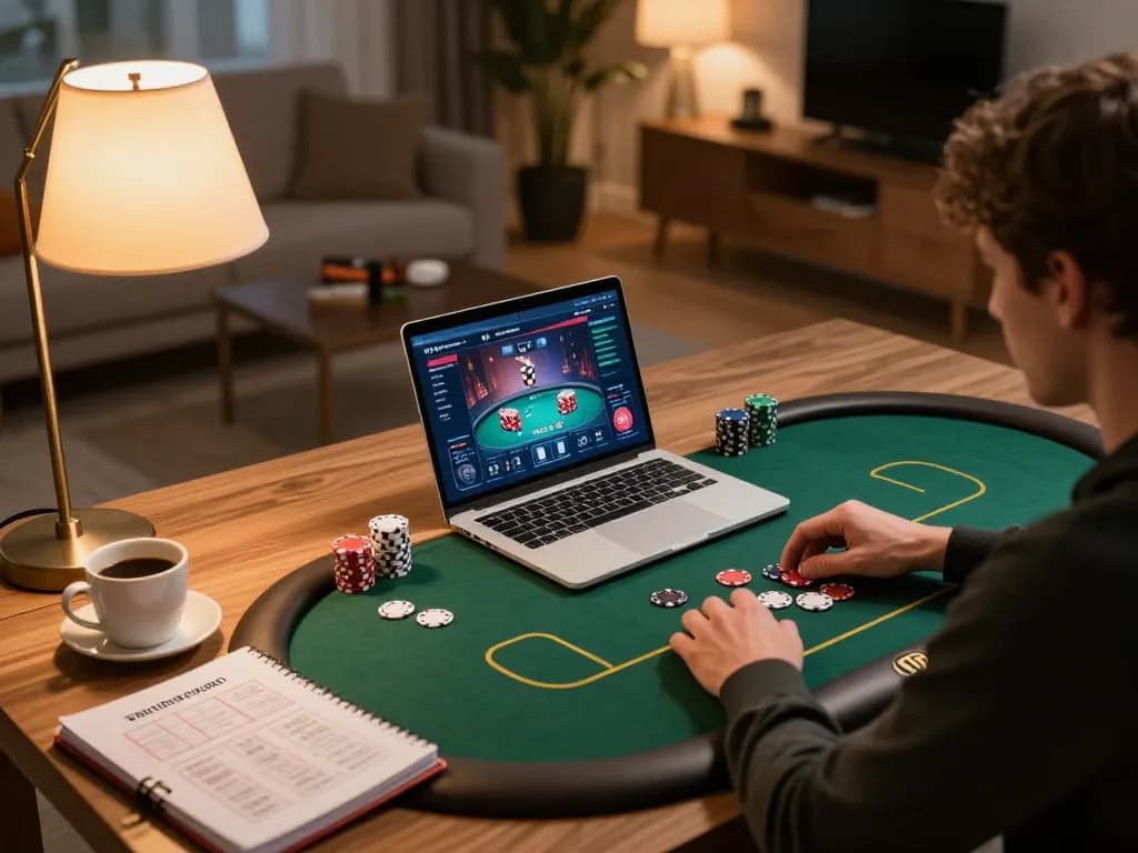 Person engaged in online poker gameplay on the Website MM88, showcasing strategic thinking and a cozy atmosphere