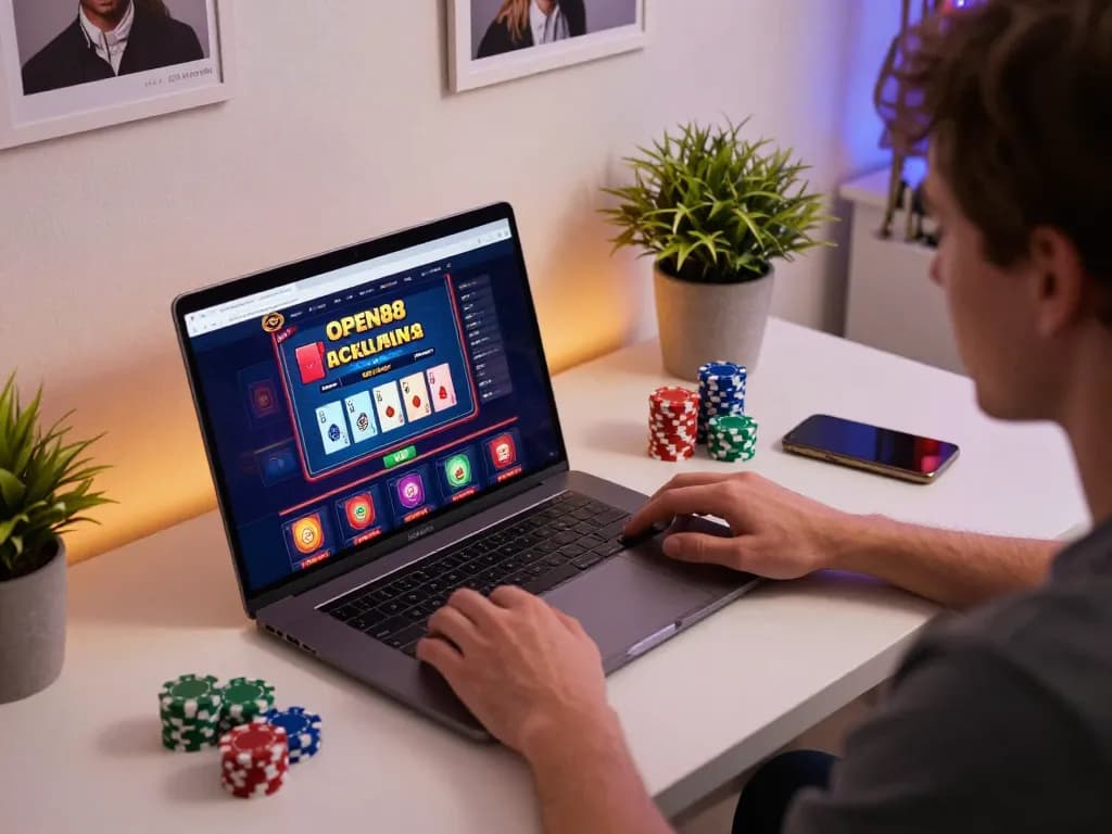 Engaging in online gameplay at Open88 with a laptop displaying vibrant casino graphics