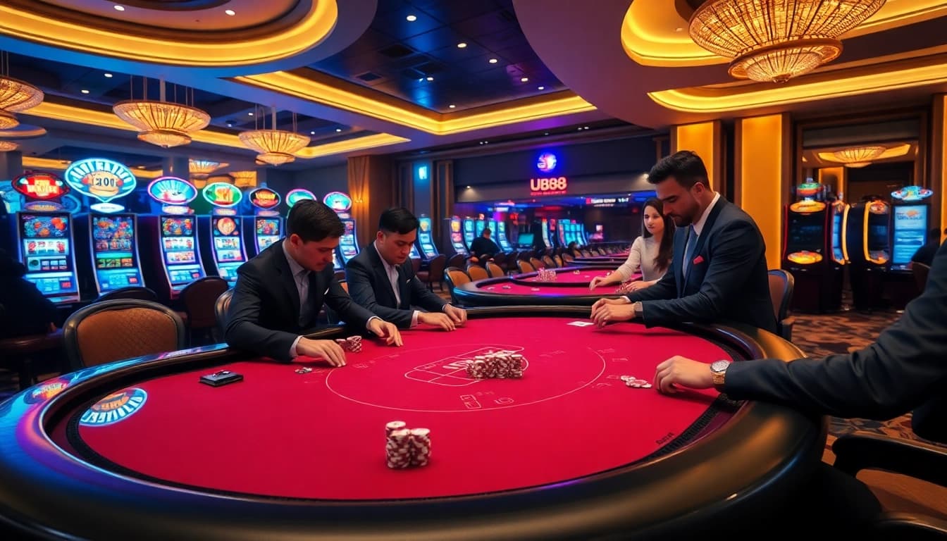 Engaging scene of professionals playing poker at uu88, showcasing casino excitement.