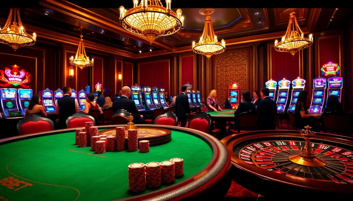 Exciting gameplay at gk88 bet casino with poker chips and vibrant slot machines.