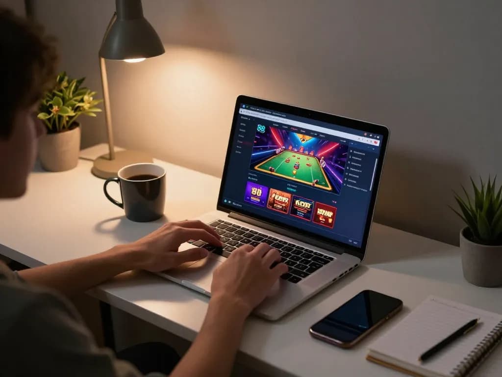 Engaging in online gaming at w 88 casino with laptop and vibrant interface, cozy atmosphere