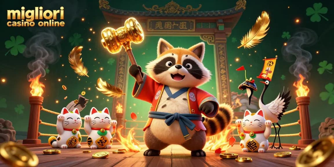 Gioca ai migliori casino online con il tanuki portafortuna e gatti maneki-neko in un'illustrazione vivace.