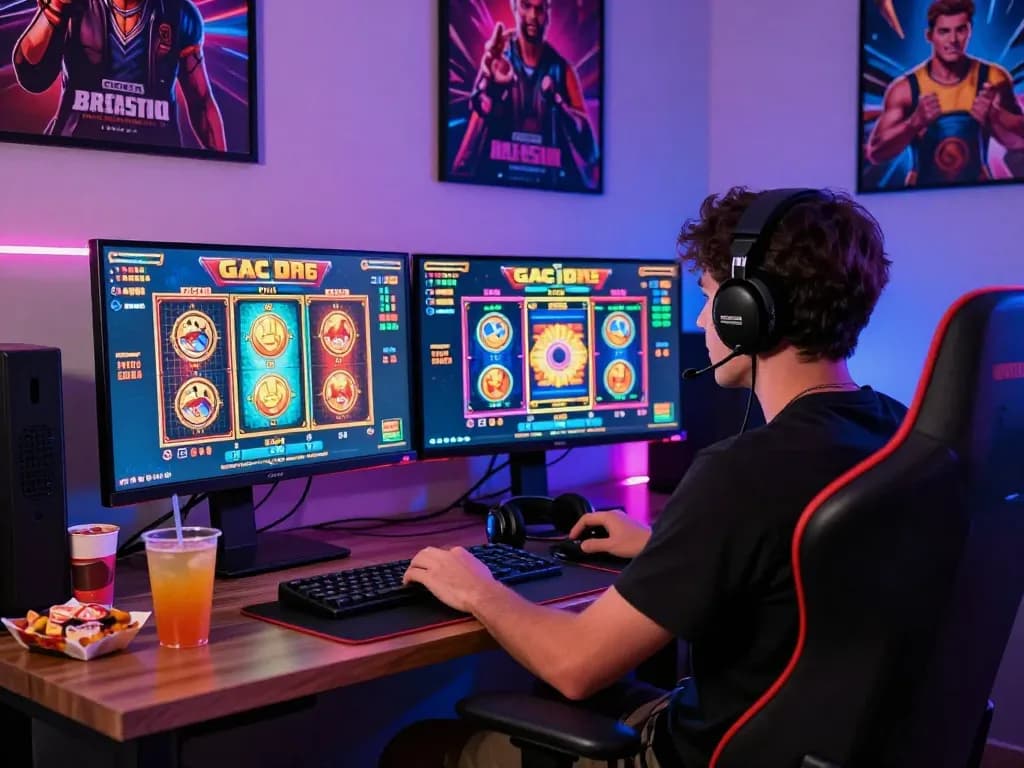 A player enjoying a thrilling slot gacor experience in a modern gaming setup, surrounded by vibrant screens, snacks, and ambient lighting.