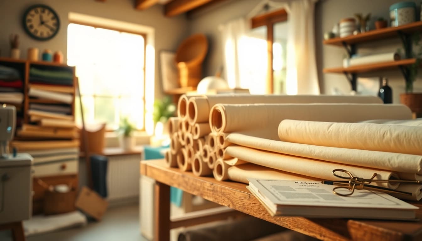 Katoen stoffenrollen prachtig gerangschikt op een houten plank in een gezellige werkplaats.