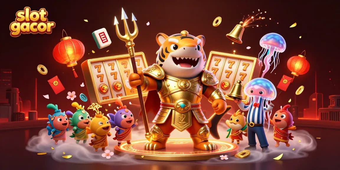 Engage with slot gacor gameplay featuring a shark gladiator in an energetic casino scene surrounded by golden symbols
