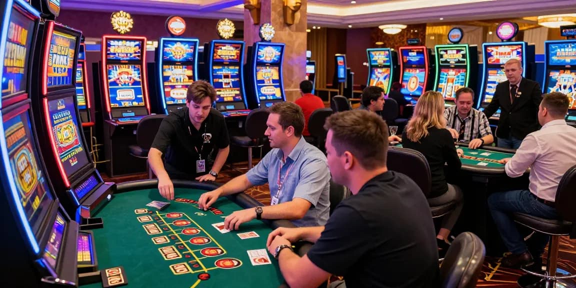 Casino atmosphere at https://mvc.org.uk showcasing players enjoying credit card games and vibrant slot machines