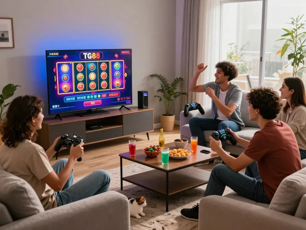 Friends enjoying TG88 casino games in a vibrant home setting with snacks and excitement.