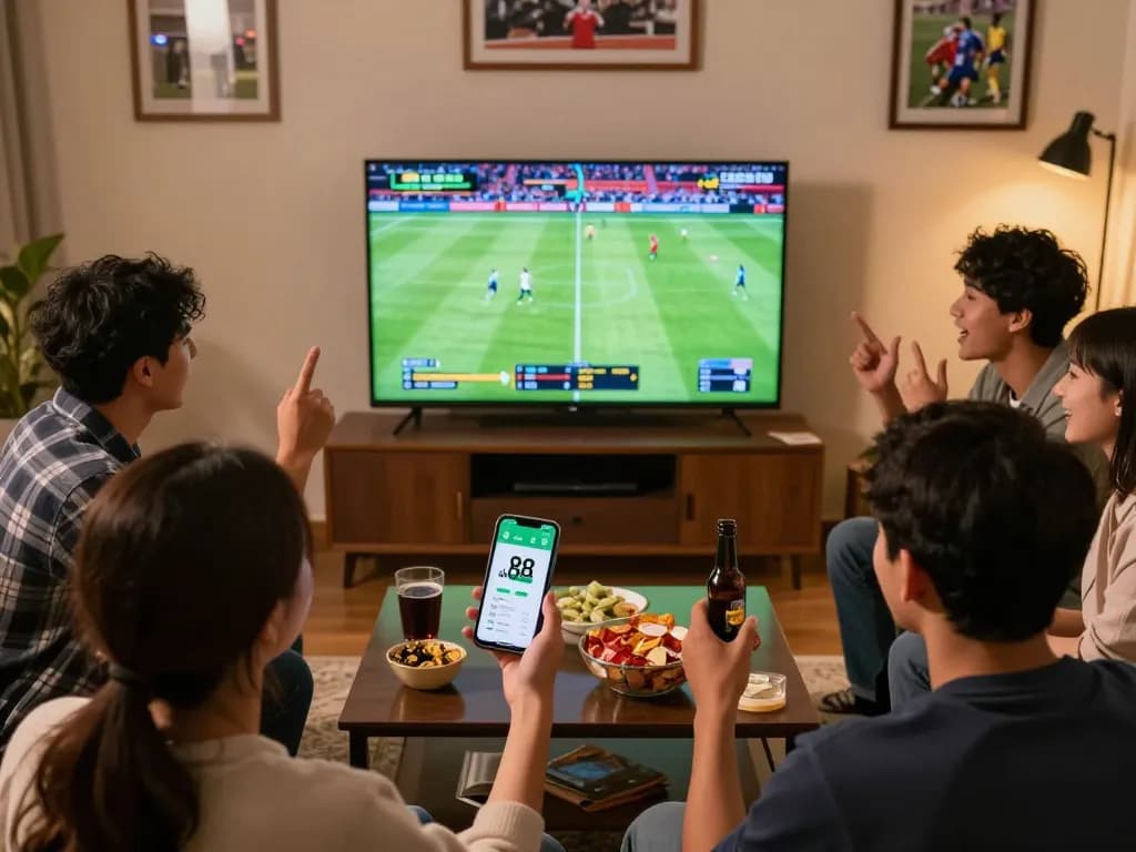 Group of friends engaging with the dh 88 betting app while watching a live sports game.