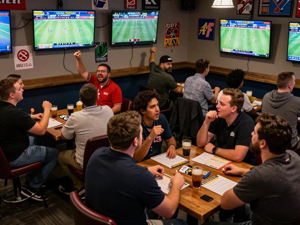 Engaged sports bettors analyzing keo nha cai in a lively betting lounge, vibrant atmosphere and multiple screens