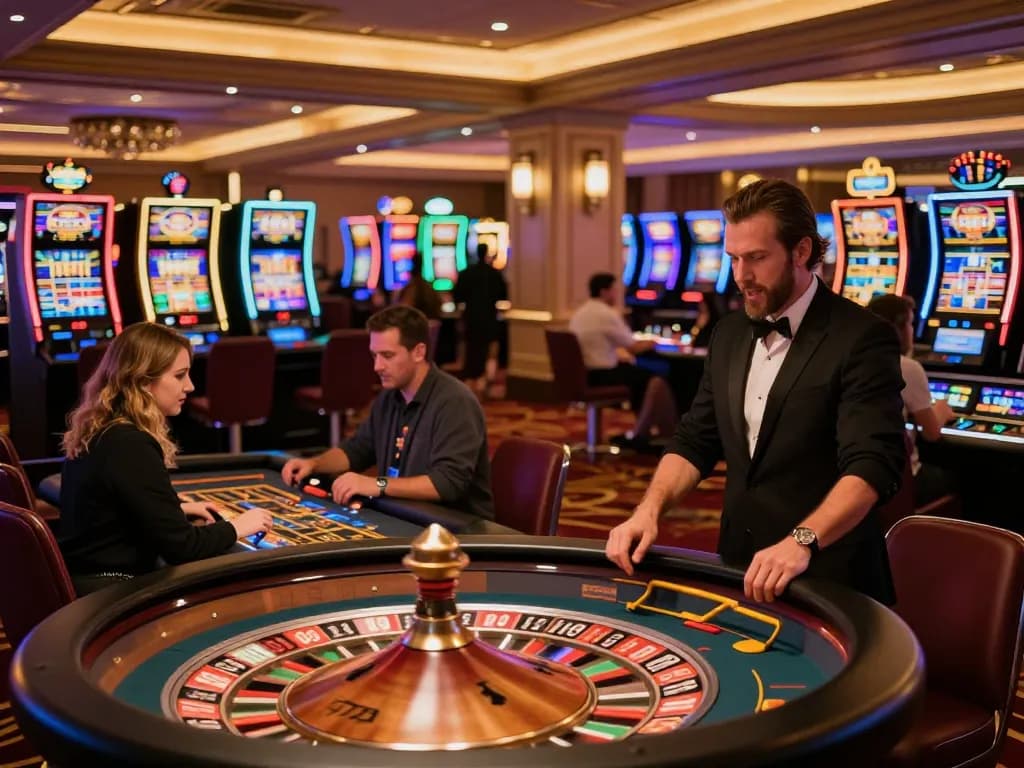 Players experiencing the excitement of JPTOTO at an upscale casino, engaging at a roulette table and slot machines.