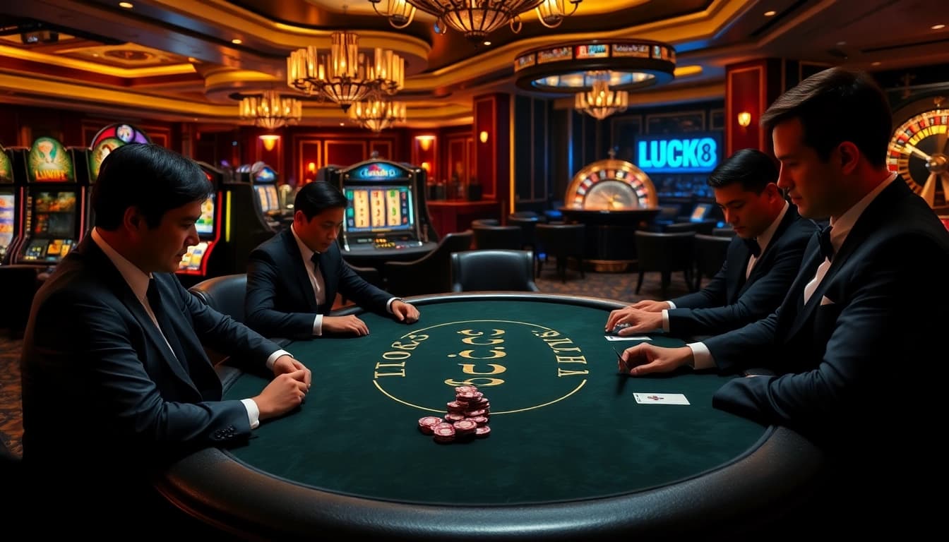 Engaged players strategizing at a LUCK8 poker table in a luxurious casino.