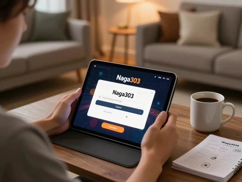 Naga303 login interface displayed on tablet during cozy home casino session with coffee.