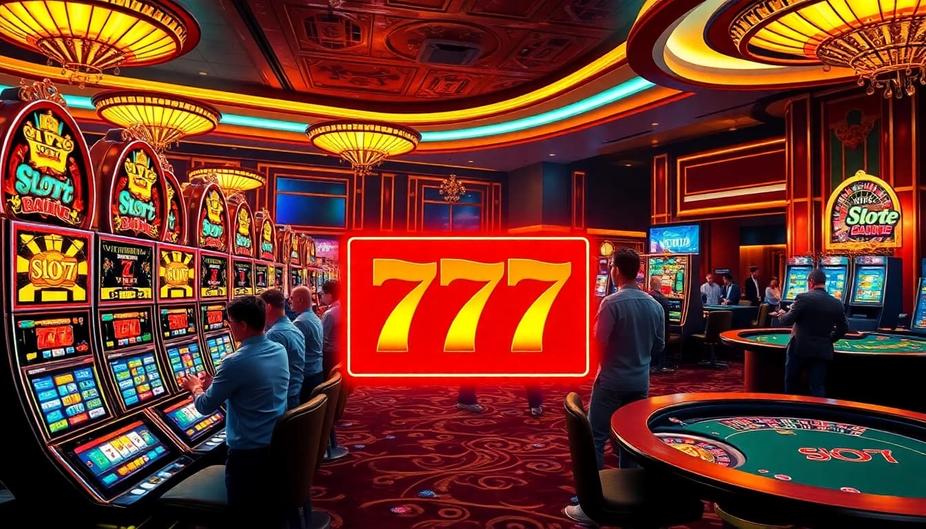 Experience the excitement of slot 777 at a luxury casino with vibrant slot machines and players in action.