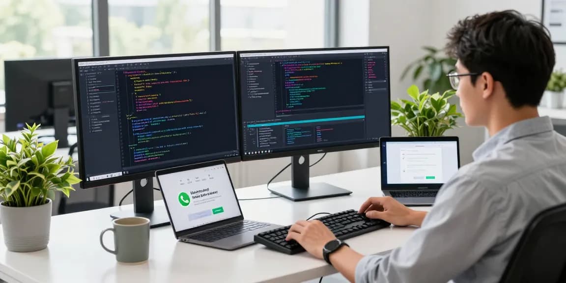 Developer focused on coding WhatsApp下載 interface in vibrant tech workspace.