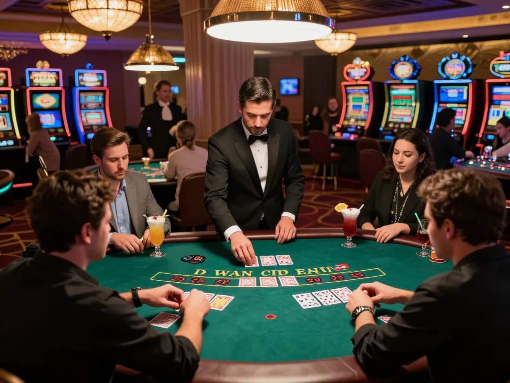 Players strategizing at a DN88 blackjack table under warm casino lights
