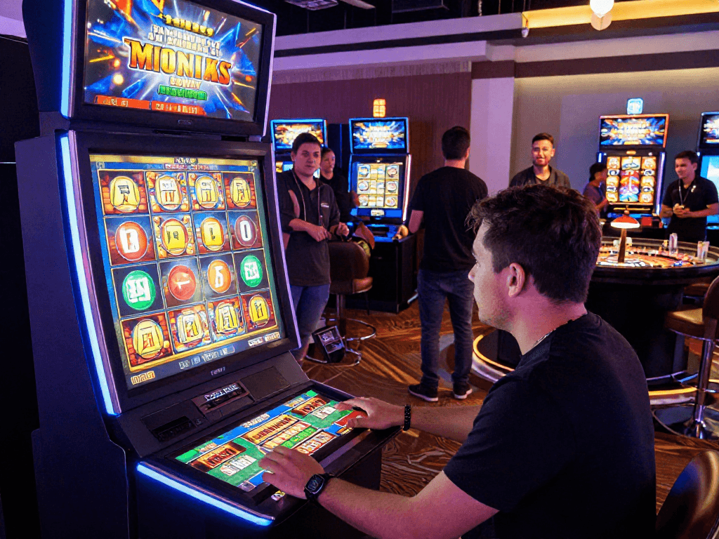 Player engaged with a bonus buy slot in a lively casino setting, reflecting excitement and potential wins.