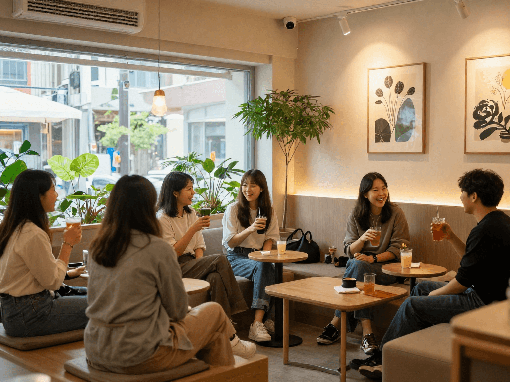 강남쩜오 멀리건에서 친구들과 편안한 시간을 보내는 모습, 아늑하고 세련된 인테리어의 공간