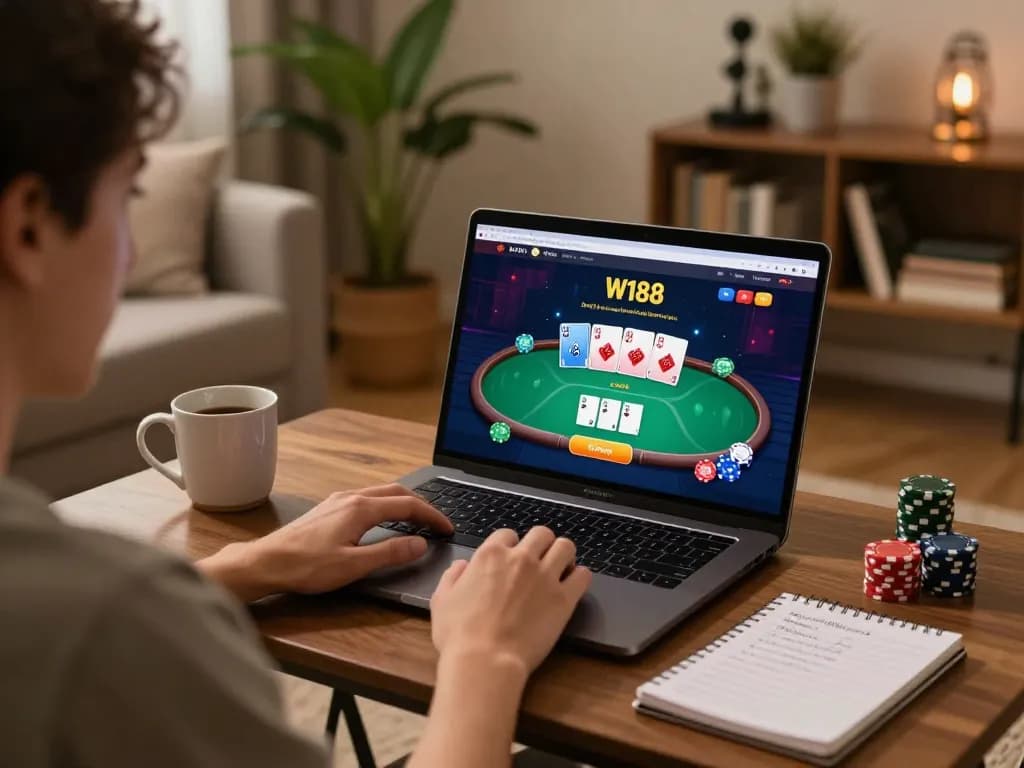 Player engaging with W188 online casino poker interface from home, showcasing strategic gameplay.