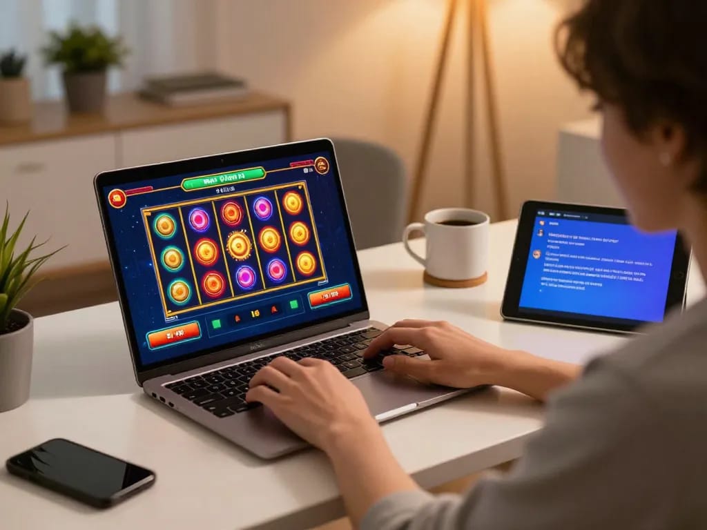 Gori77 player engaging in thrilling online slot gameplay at home
