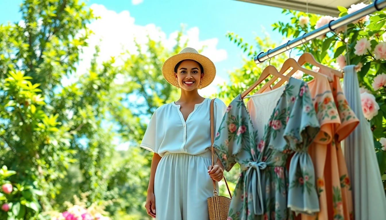 Rivelle model showcasing elegant clothing in a vibrant outdoor setting, radiating confidence.