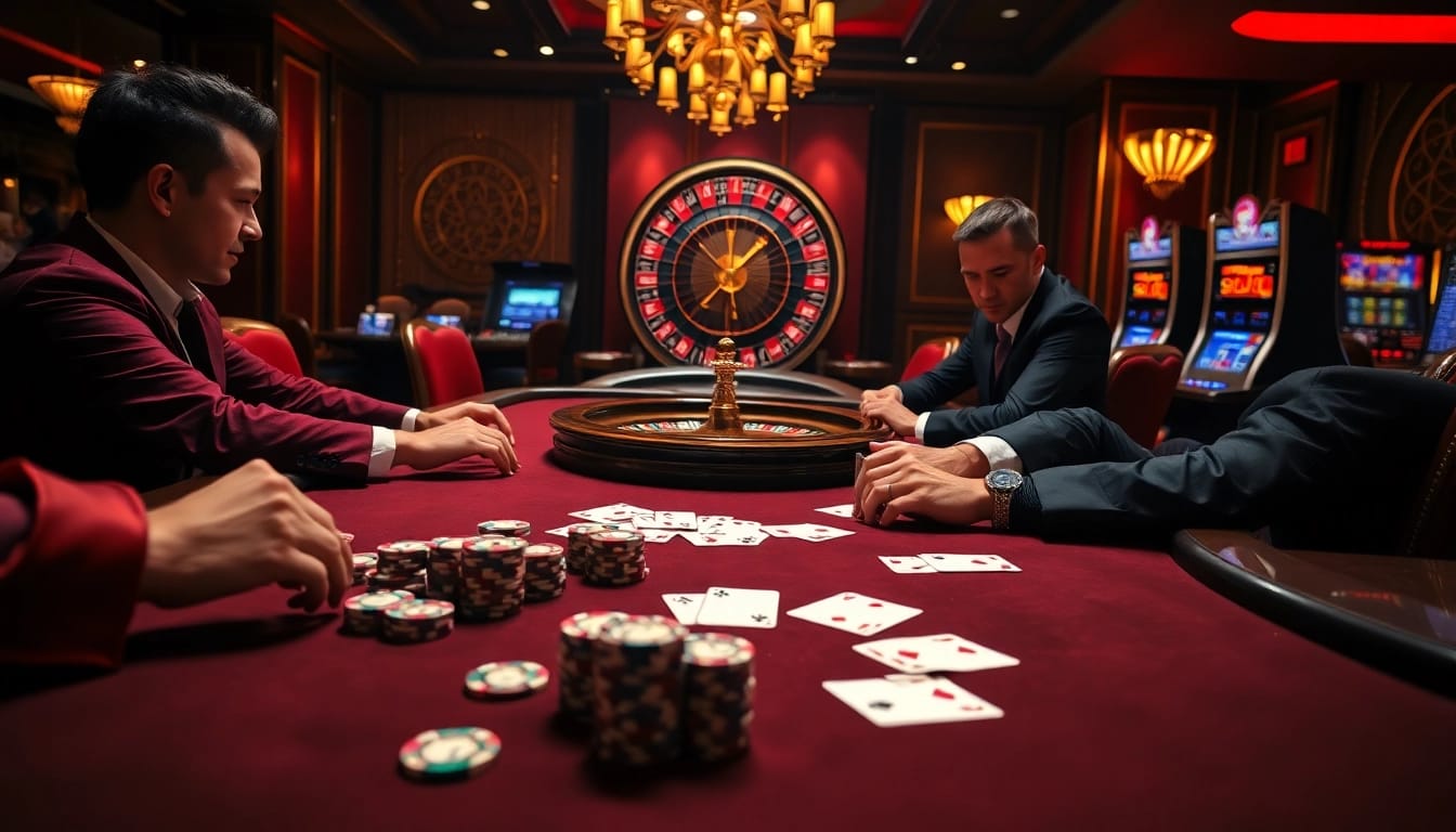 Engaged gamblers enjoying an exciting poker game at https://www.kjc.global/ with luxury casino elements.