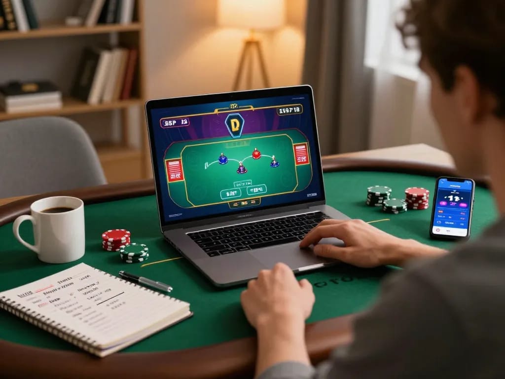 Engaging online poker game on laptop while tracking betting strategy notes for thabet.