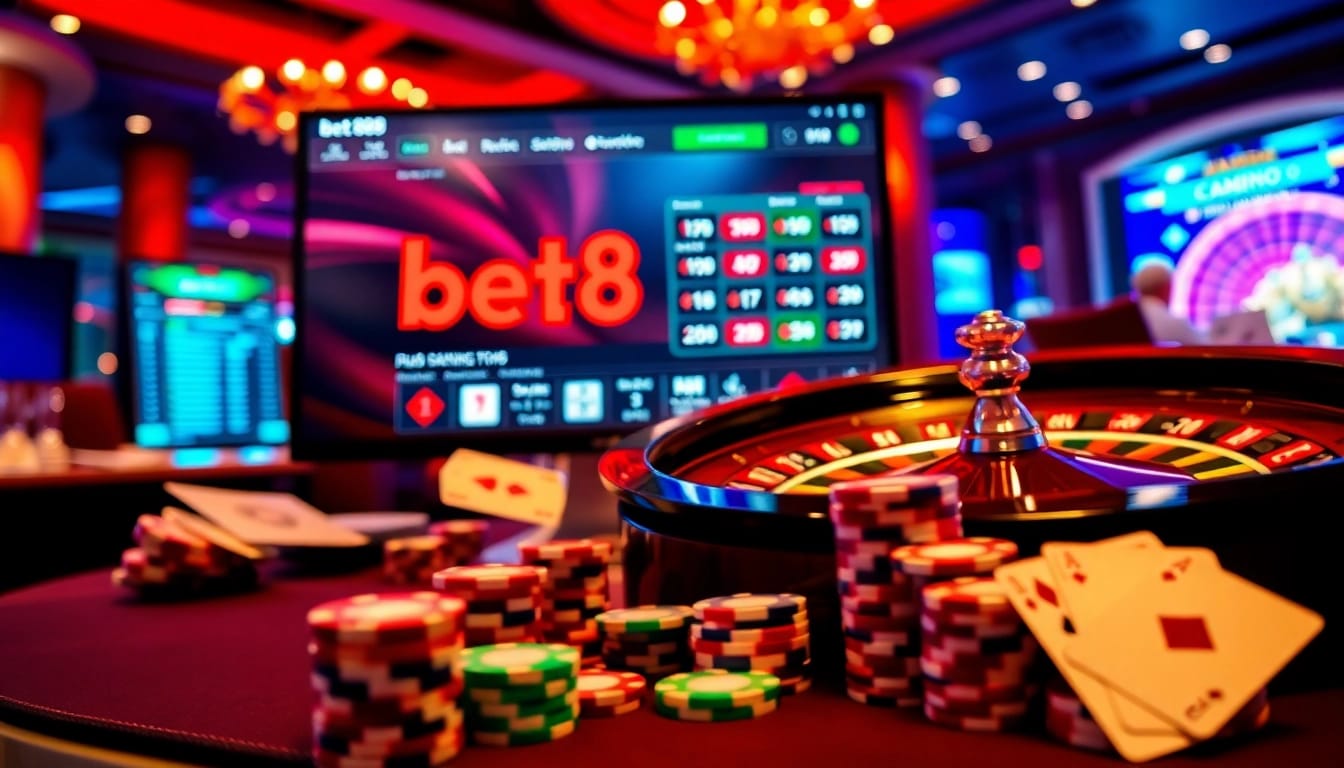 Bet88 online casino experience showcasing vibrant gaming atmosphere with poker chips and roulette wheel.