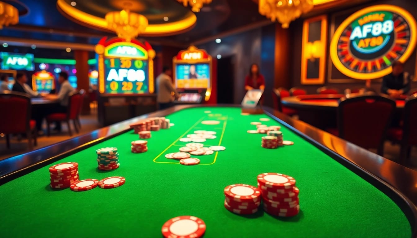 A vibrant casino scene with AF88 branding showcasing poker chips and high-stakes gambling action.