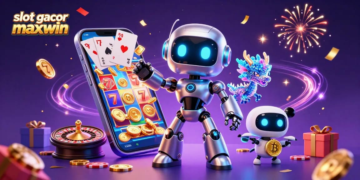 Engage with slot gacor maxwin featuring a cyberpunk robot and AI dragon amidst vibrant casino elements.