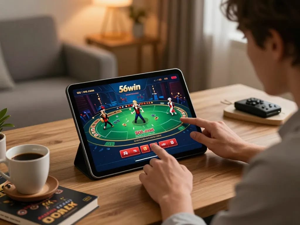 Engaging with live dealer games on 56win.com in a cozy home setting.