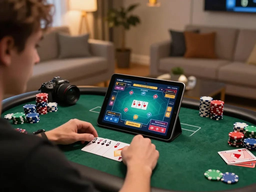 Player strategizing poker gameplay on fabet in a cozy home setting.