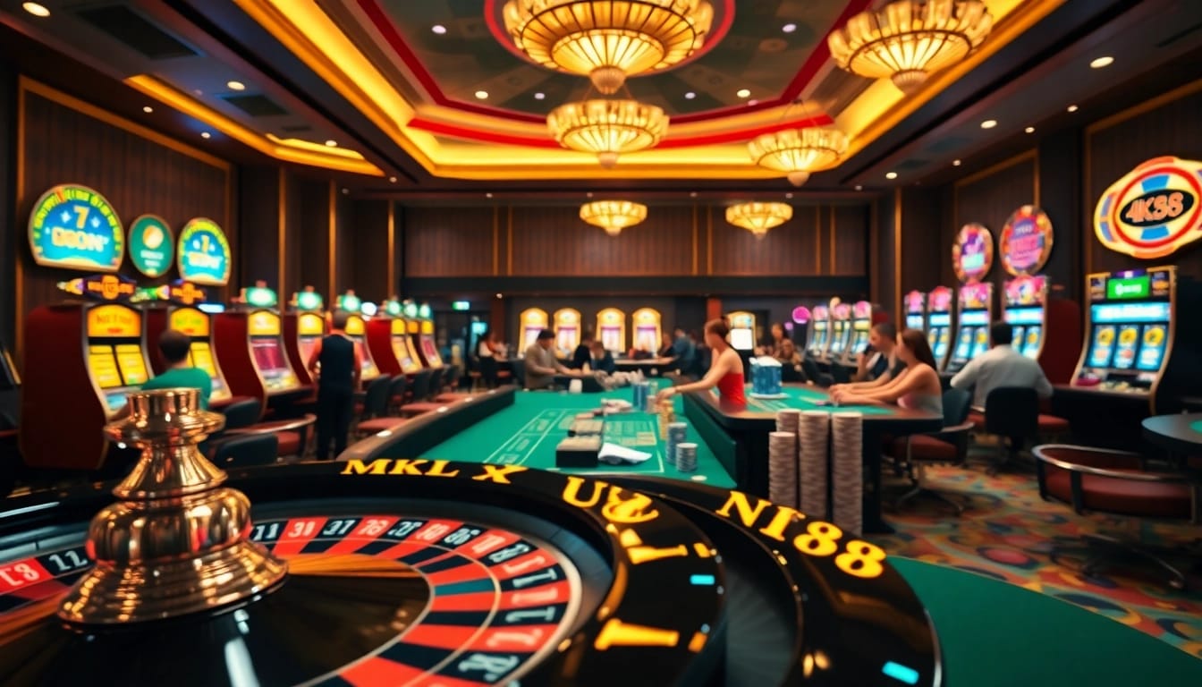 Engaging scene of house betting at nhà cái uk88 with vibrant poker tables and roulette wheel.
