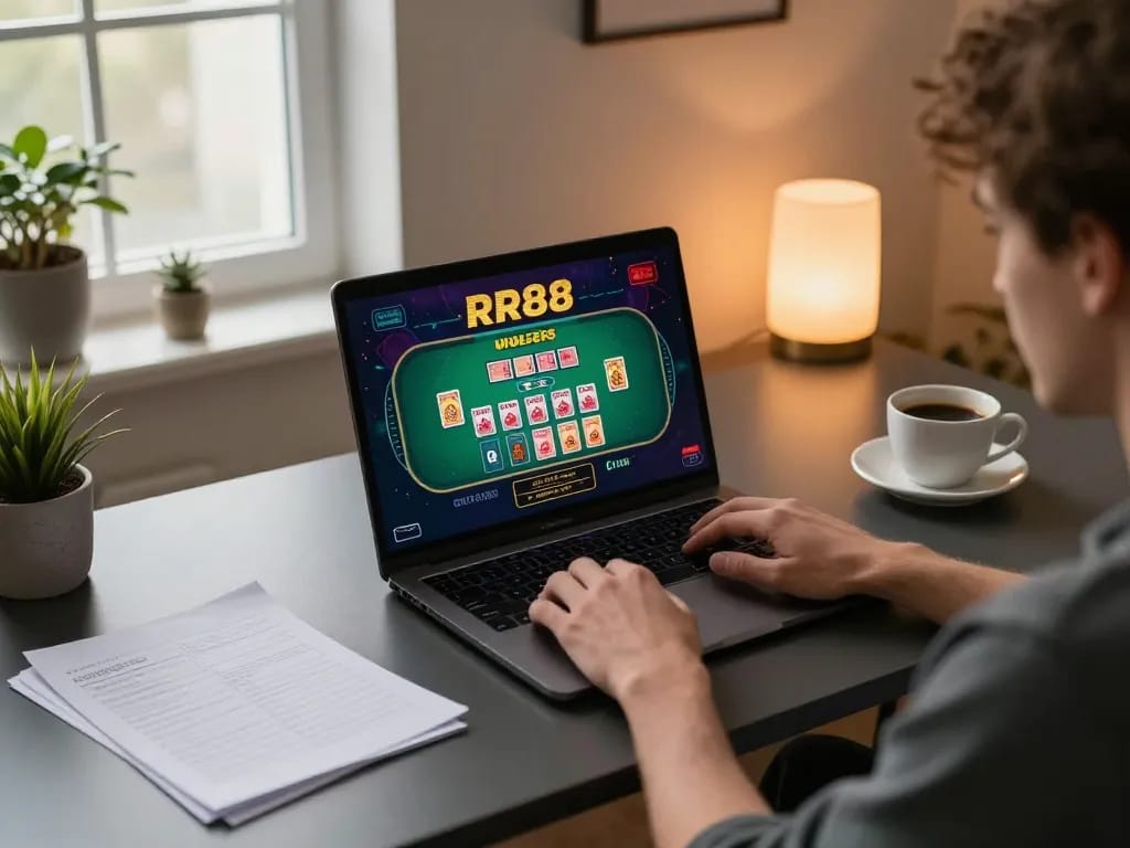 Person enjoying RR88 online casino gaming at a modern home desk, laptop displaying a live dealer game