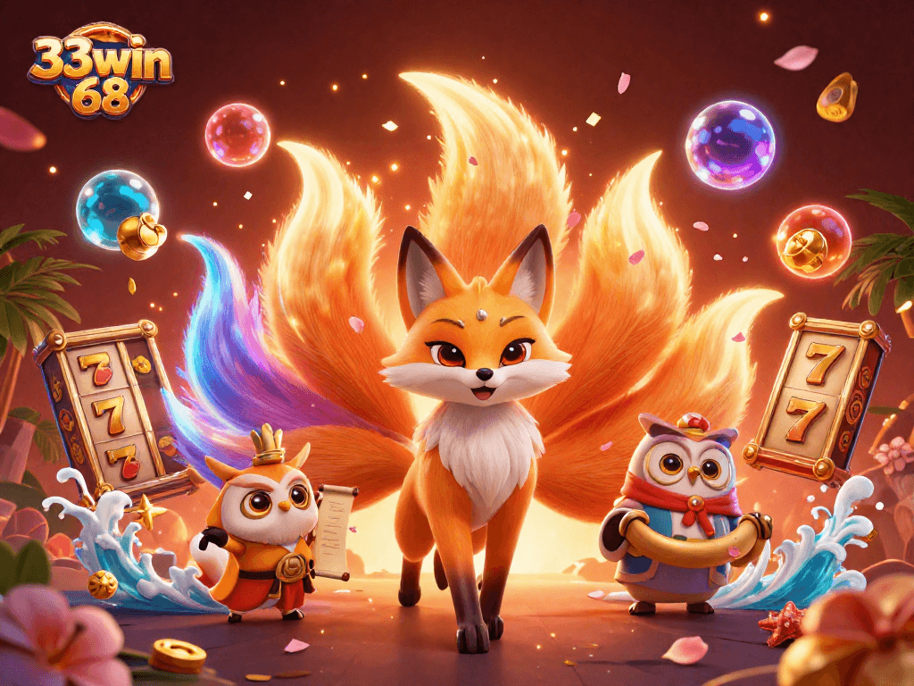 Win big at 33win 68 with vibrant slot games, magical characters, and winning symbols in a dazzling scene.